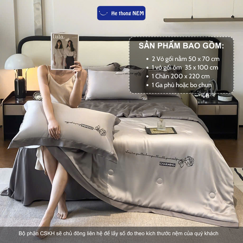 Set chăn ga 5 món Hệ Thống Nệm bộ set chăn ga drap grap phủ trải giường gối nệm đệm 5 món lụa thái mùa hè cao cấp
