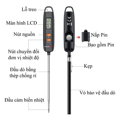 Nhiệt Kế Điện Tử Nấu Ăn Cao Cấp ThermoPro TP516 Nhật Bản - Đo Chính Xác, Đơn Giản, Dễ Sử Dụng, Phù Hợp Món Ăn và Pha Sữa