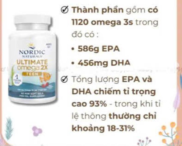 Viên dầu cá Omega 2X teen Nordic cải thiện trí nhớ cho trẻ 12t 60 viên, Mỹ