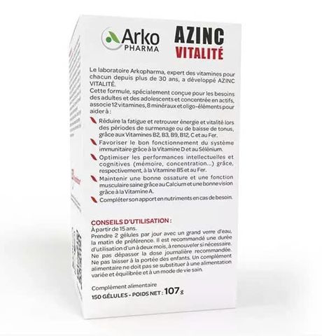 Viên Uống Vitamin Tổng Hợp Arkopharma Azinc Vitality 150 Viên - Hỗ Trợ Tăng Cường Năng Lượng và Miễn Dịch cho Người Lớn