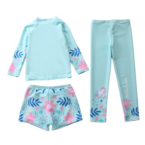 Bộ Đồ Bơi Bé Gái Kỳ Lân - 3 Món Áo Dài Tay, Quần Đùi, Quần Dài Có Túi Chống Nước - Đồ Đi Biển Năng Động, Thoáng Mát