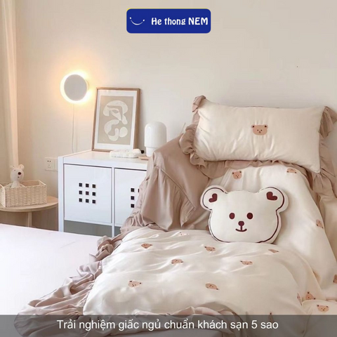 Bộ ga giường cao cấp Hệ Thống Nệm Set bộ vỏ chăn ga ra drap tencel trải phủ giường gối nệm đệm 5 món lụa tencel cao cấp