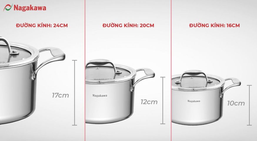 Bộ 3 Nồi Inox Nagakawa Haru NAG1355 (16cm, 20cm, 24cm) - Dùng Cho Bếp Từ, Bếp Gas, Bếp Hồng Ngoại, Chất Liệu Inox 304 Cao Cấp