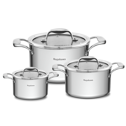 Bộ 3 Nồi Inox Nagakawa Natsu NAG1356 (16-20-24cm) - Nồi Đa Năng Chịu Nhiệt, Dùng Trên Mọi Loại Bếp, Sang Trọng Cho Nhà Bếp
