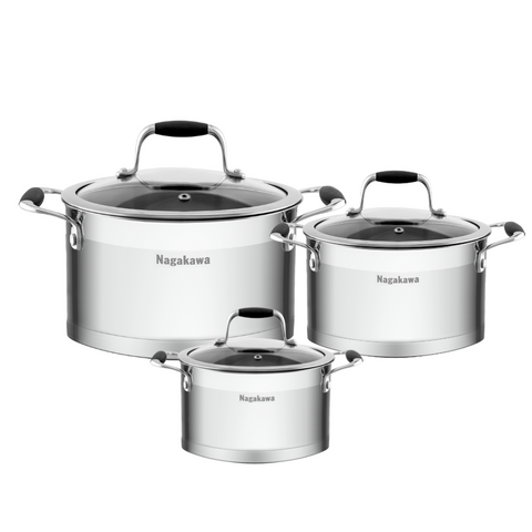 Bộ Nồi Inox 5 Đáy Nagakawa Fuyu NAG1354 - Bộ 3 Nồi Cao Cấp 16-20-24cm, Chất Liệu Inox 304 Bền Đẹp, Dùng Được Với Máy Rửa Bát