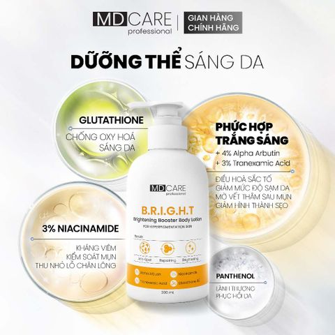 Sữa Dưỡng Thể MD Care Brightening Booster 200ml - Sáng Da Mờ Thâm Với 4% Alpha Arbutin & 3% Niacinamide, Dưỡng Ẩm Chuyên Sâu