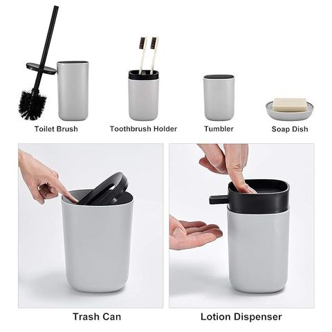 Bộ Dụng Cụ Phòng Tắm 6 Chi Tiết Màu Xám DUFU - Cốc, Khay, Chai, Cọ Toilet và Thùng Rác Tiện Ích