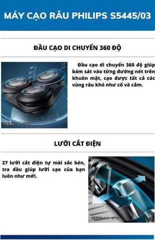 Máy Cạo Râu Philips Series 5000 S5445/03 Chính Hãng - 27 Lưỡi Dao Điện Tự Mài, Bảo Hành 24 Tháng, Bảo Đảm Sạch Sẽ Nhanh Chóng