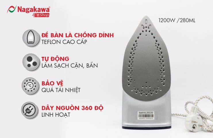 Bàn là hơi nước Nagakawa NAG1505 1200W - Thiết kế hiện đại, cảm biến nhiệt, đa chức năng, 280ml, bảo hành 12 tháng