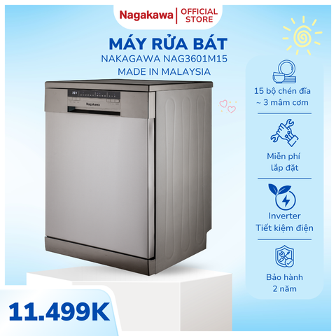Máy Rửa Bát Cao Cấp Nagakawa NAG3601M15 - Dung Tích 15 Bộ, Tiết Kiệm Năng Lượng, Chế Độ Rửa Thông Minh, Bảo Hành 2 Năm