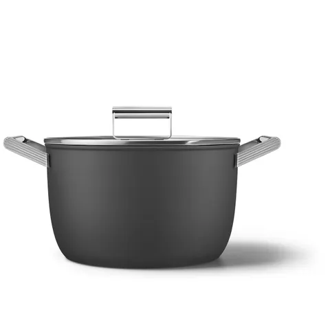 Nồi Casserole SMEG CKFC2611BLM 26cm Đen - Nấu Món Hầm và Kho Thích Hợp, Tay Cầm Thép Không Gỉ, Nắp Kính Cường Lực