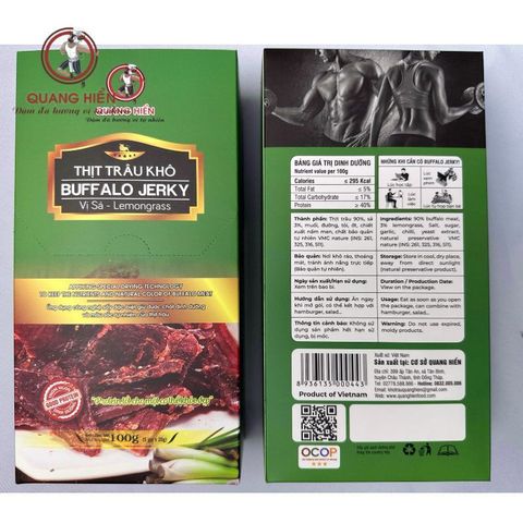 Khô Trâu Vị Sả Quang Hiển - Thịt Trâu Khô Buffalo Jerky Lemongrass Hộp 100g - Đậm Đà, Dinh Dưỡng, Snack Ngon Miệng