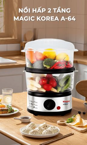 Nồi Hấp Thực Phẩm 2 Tầng MAGIC Korea A-64 - Thiết Kế An Toàn, Dung Tích 5L, Công Suất 500W, Dễ Dàng Lắp Ráp, Gia Dụng Nhà Bếp Thông Minh