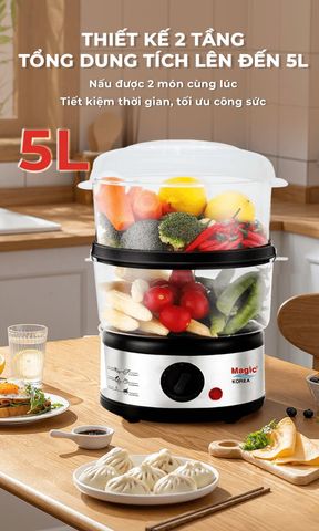 Nồi Hấp Thực Phẩm 2 Tầng MAGIC Korea A-64 - Thiết Kế An Toàn, Dung Tích 5L, Công Suất 500W, Dễ Dàng Lắp Ráp, Gia Dụng Nhà Bếp Thông Minh