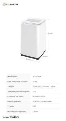 Máy Giặt Mini Nhiệt Độ Cao Lumias WS040WH - 3kg, 10 Chương Trình, Inox Chống Gỉ, Khóa Trẻ Em, Công Suất 220W