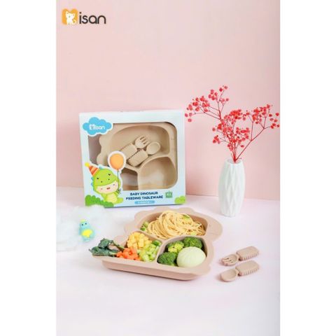 Khay Ăn Dặm Silicon Chống Đổ Hình Khủng Long Misan - Bộ Kèm Thìa Nĩa An Toàn Cho Bé Tập Ăn Dặm, Thiết Kế Thông Minh