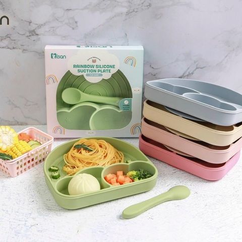Khay Cầu Vồng Silicon Misan Kèm Thìa - Dụng Cụ Ăn Dặm Chống Đổ An Toàn Cho Bé Cực Đáng Yêu