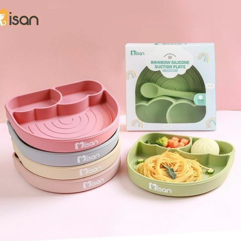 Khay Cầu Vồng Silicon Misan Kèm Thìa - Dụng Cụ Ăn Dặm Chống Đổ An Toàn Cho Bé Cực Đáng Yêu