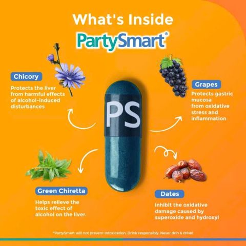 Viên Uống Giải Rượu Himalaya Party Smart - Hỗ Trợ Loại Bỏ Acetaldehyde, Giảm Cảm Giác Say Rượu, Mệt Mỏi, Nhức Đầu