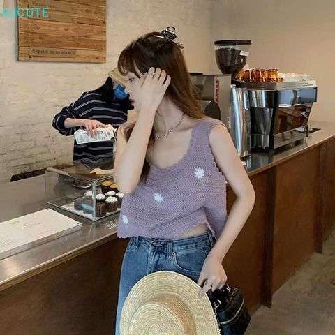 Áo Dệt Kim Sát Nách Thêu Hoa Mùa Hè Cho Nữ - Phong Cách Thời Trang Tươi Tắn, Nhiều Màu Sắc Tím và Quả Mơ