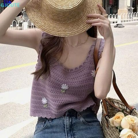 Áo Dệt Kim Sát Nách Thêu Hoa Mùa Hè Cho Nữ - Phong Cách Thời Trang Tươi Tắn, Nhiều Màu Sắc Tím và Quả Mơ