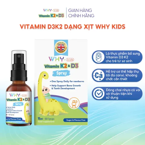 Xịt Vitamin D3K2 cho bé - Tăng cường hấp thu Canxi, hỗ trợ phát triển chiều cao 15ml, dễ sử dụng, bổ sung dinh dưỡng thiết yếu.