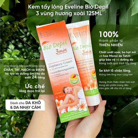 Kem Tẩy Lông Eveline Bio Depil Hương Xoài 125ML - Dưỡng Ẩm, Tẩy Lông Nhanh Chóng Cho Da Mịn Màng, Phù Hợp 3 Vùng Sử Dụng