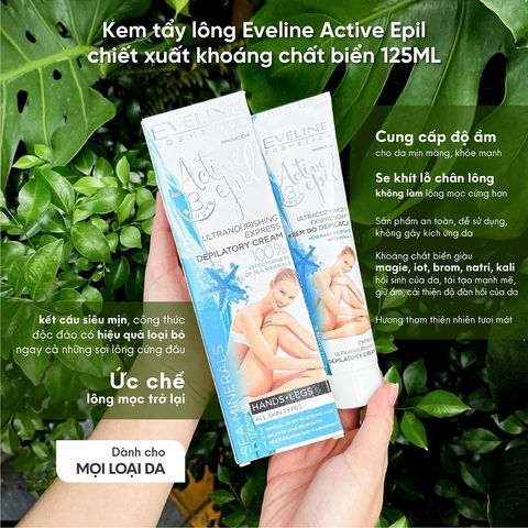 Kem tẩy lông Eveline Active Epil 125ML - Chiết xuất khoáng chất biển, loại bỏ lông cứng chỉ trong 3 phút, phù hợp với mọi loại da