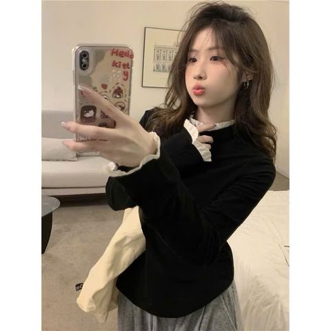 Áo Giữ Nhiệt Thun Cổ Ren Thời Trang Hàn Quốc - Phong Cách Mùa Thu Đông - Dành Cho Nữ, Màu Trắng, Thiết Kế Độc Đáo