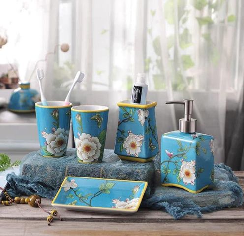 Set Nhà Tắm Sứ Cao Cấp Olive UK Họa Tiết Hoa - Bộ 5 Món Độc Đáo Cho Không Gian Phòng Tắm Sang Trọng