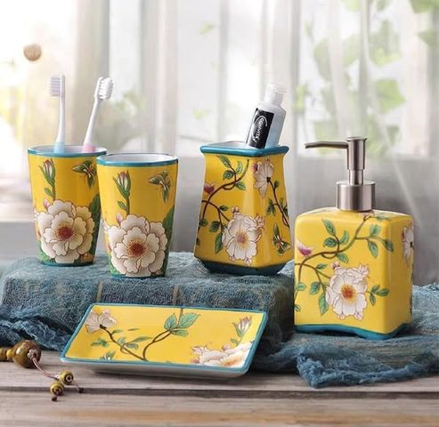 Set Nhà Tắm Sứ Cao Cấp Olive UK Họa Tiết Hoa - Bộ 5 Món Độc Đáo Cho Không Gian Phòng Tắm Sang Trọng