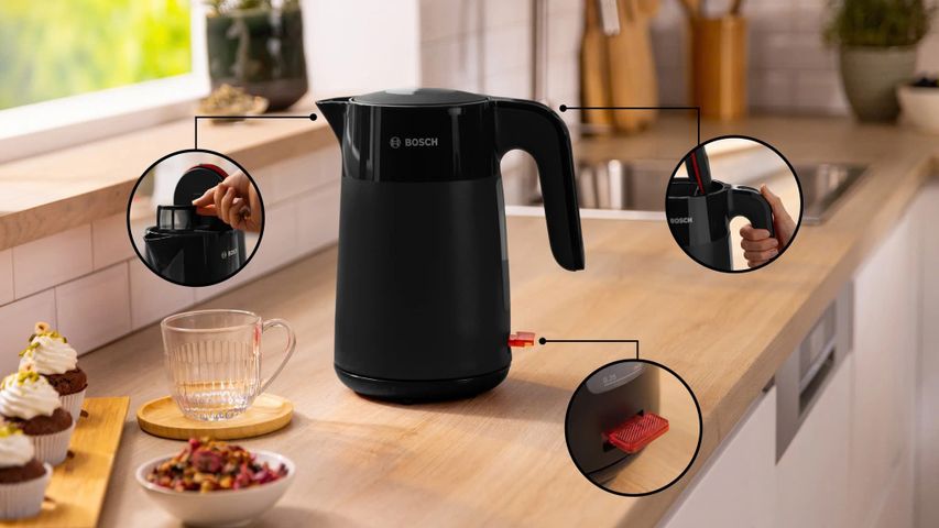 Ấm Siêu Tốc Bosch TWK2M163 Đen - Dung Tích 1.7L, Công Suất 2400W, Tự Động Tắt, Bộ Lọc Dễ Dàng Vệ Sinh, Tiết Kiệm Năng Lượng