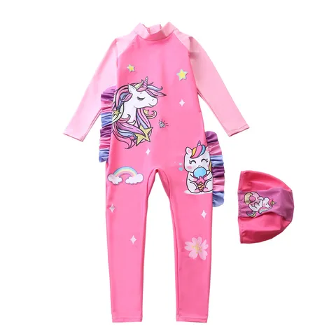 Đồ Bơi Bé Gái Liền Thân Dài Chống Tia UV - Chất Liệu Mềm, Họa Tiết Kỳ Lân, Tặng Kèm Bọc Điện Thoại Chống Nước