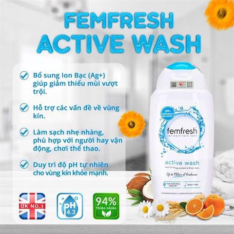 Dung Dịch Vệ Sinh Femfresh Active Wash 250ml - Gel Chăm Sóc Vùng Kín, Khử Mùi, Dưỡng Ẩm, An Toàn Cho Phụ Nữ