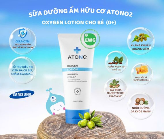 Sữa dưỡng ẩm hữu cơ Atono2 Oxygen Lotion, chuyên dành cho da nhạy cảm, khô, ngứa 160g