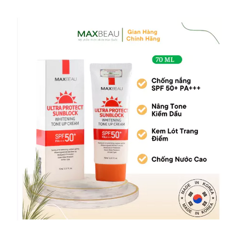 Kem Chống Nắng Kháng Nước Trắng Da Nâng Tone Maxbeau Ultra Protect 70ml - SPF50+ PA+++ Bảo Vệ Da Khỏi Tia UV
