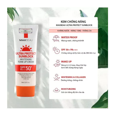 Kem Chống Nắng Kháng Nước Trắng Da Nâng Tone Maxbeau Ultra Protect 70ml - SPF50+ PA+++ Bảo Vệ Da Khỏi Tia UV