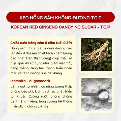 Kẹo Hồng Sâm Không Đường T.O.P Daesan Hàn Quốc Sante365 - Tăng Cường Năng Lượng, Giảm Căng Thẳng, Hỗ Trợ Tiểu Đường - 500g