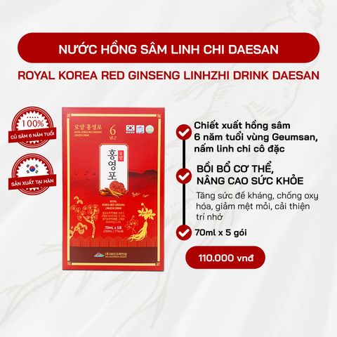 Nước Hồng Sâm Linh Chi Daesan Hàn Quốc - Hỗ Trợ Tăng Cường Miễn Dịch, 70ml x 30 Gói, Giảm Mệt Mỏi, Cải Thiện Giấc Ngủ