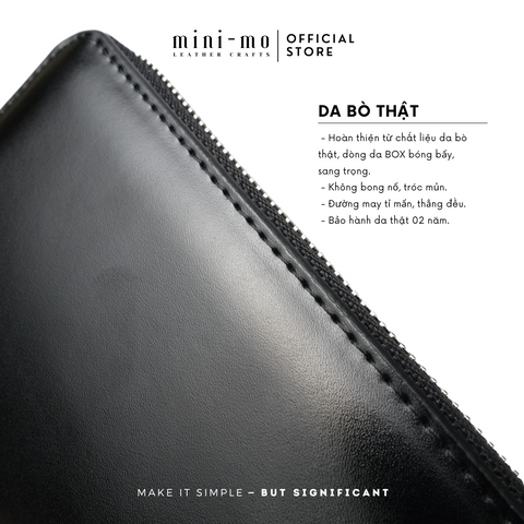 Ví Zip Clutch Cầm Tay Unisex MINI-MO da bò BOX Bóng Bẩy, Sang Trọng