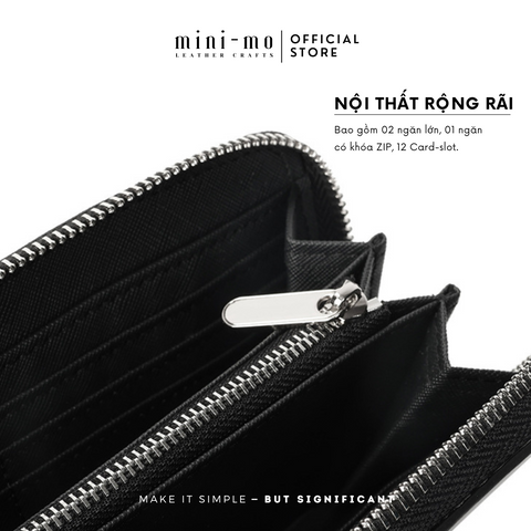 Ví Zip Clutch Cầm Tay Unisex MINI-MO da bò BOX Bóng Bẩy, Sang Trọng