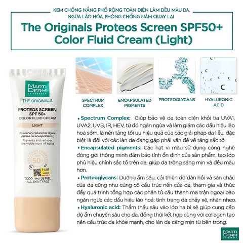 Kem Chống Nắng MartiDerm Proteos Screen SPF50+ Color Cream Light-Chống nắng màu nền Mềm Mại và Bảo Vệ Da Chống Tia UV 40ml