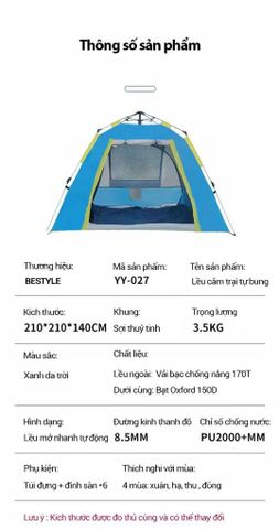 Lều Cắm Trại Tự Mở 3-5 Người BESTYLE - Khung Sợi Thủy Tinh Chống Nước, Dễ Dàng Lắp Đặt, Chống Nắng Tiện Lợi cho Gia Đình