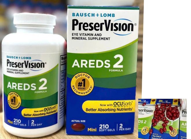 Viên uống bổ mắt PreserVision Areds 2 cho người lớn tuổi - Cải thiện thị lực, ngừa thoái hóa điểm vàng, 210 viên Bausch & Lomb Mỹ