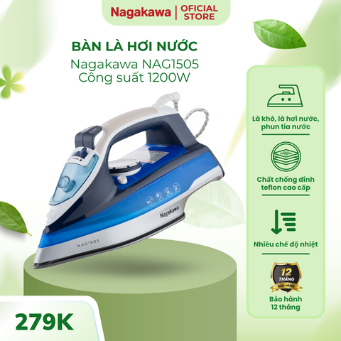 Bàn là hơi nước Nagakawa NAG1505 1200W - Thiết kế hiện đại, cảm biến nhiệt, đa chức năng, 280ml, bảo hành 12 tháng