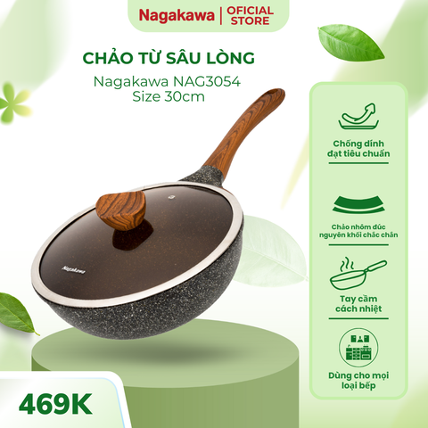 Chảo Chống Dính Nagakawa NAG3054 30cm - Nhôm Nguyên Khối Đáy Từ, Vung Kính Chịu Nhiệt, Dùng Được Mọi Loại Bếp