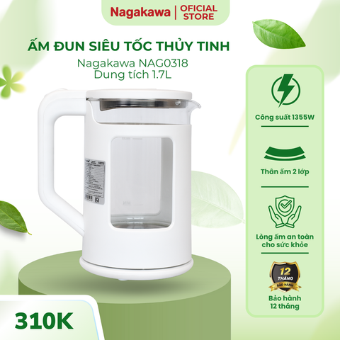 Ấm Siêu Tốc Thủy Tinh Nagakawa NAG0318 - Dung Tích 1.7L, Công Suất 1355W, Thiết Kế Hiện Đại, Bảo Hành 12 Tháng