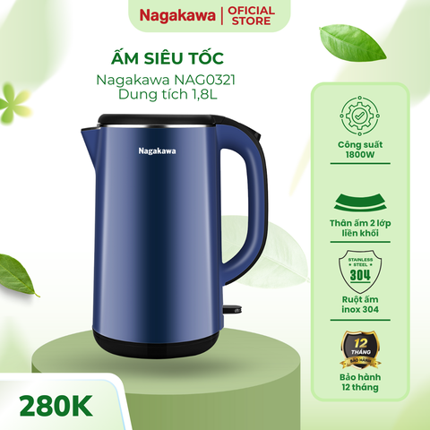 Ấm Siêu Tốc 2 Lớp Inox 304 Nagakawa NAG0321 1.8L - Công Suất 1800W, Thiết Kế Sang Trọng, Tự Ngắt An Toàn, Bình Đun Nước Gia Đình