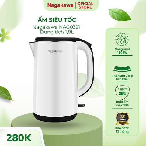 Ấm Siêu Tốc 2 Lớp Inox 304 Nagakawa NAG0321 1.8L - Công Suất 1800W, Thiết Kế Sang Trọng, Tự Ngắt An Toàn, Bình Đun Nước Gia Đình