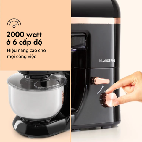 Máy Trộn Bột Klarstein Bella Elegance - 2000W, 5.2L, Đầu Khuấy Đúc, Đánh Trứng, Thiết Kế Hiện Đại cho Nhà Bếp
